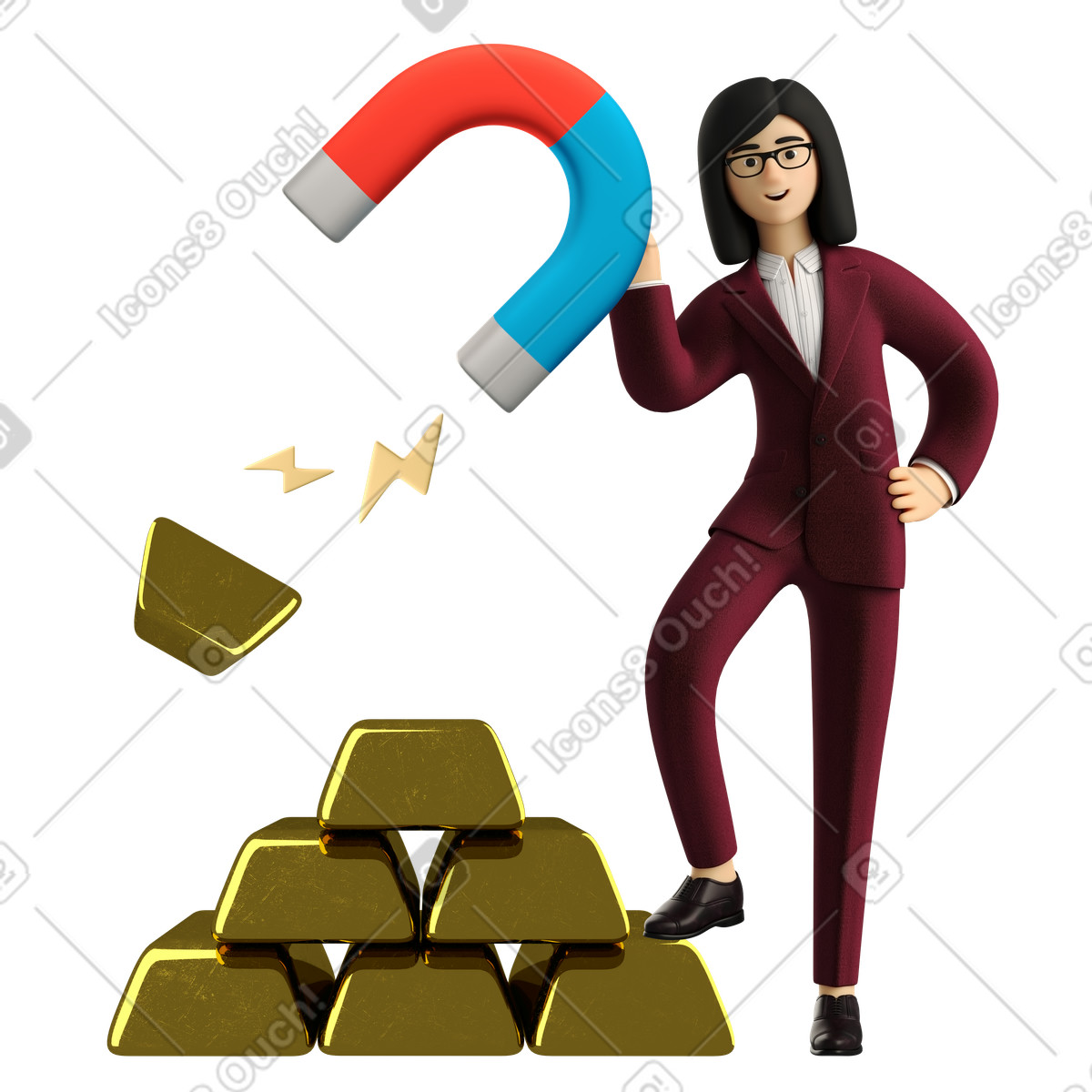 Businesswoman in red suit magnetizing a bar illustration clipart with gold PNG SVG GIF