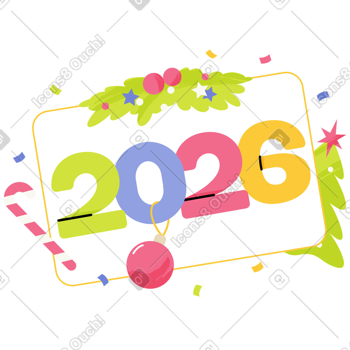 Colorful number 2026 with festive decorations illustration in Juicy style download in PNG, SVG