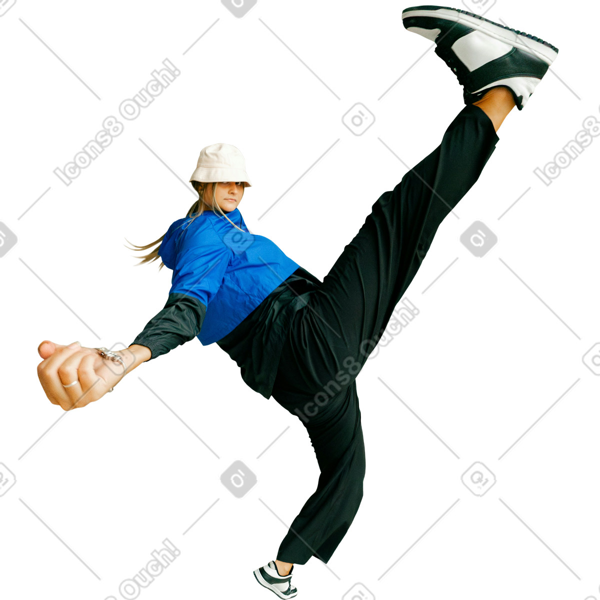 Young woman lifting leg high illustration in Energy style download in PNG, SVG