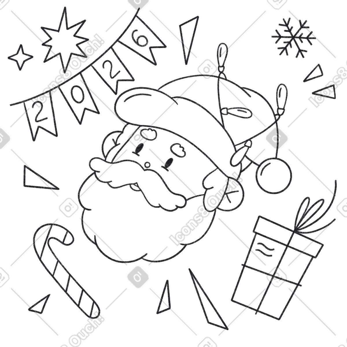 Santa Claus with festive banners and gift, Christmas New Year greeting card illustration in Bonbon Line style download in PNG, SVG