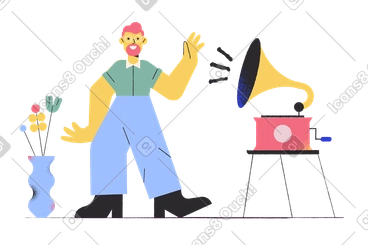 Man at home dancing to gramophone PNG, SVG