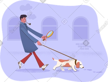 Male detective walking with his dog tracking a scent PNG, SVG