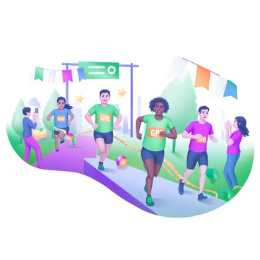A group of students participating in a marathon, each wearing a shirt displaying their "GPA scores" prominently in bold numbers. The students are depicted in various athletic postures as they run, with expressions of determination on their faces. Surrounding them are colorful banners and cheering spectators clapping enthusiastically. The background is filled with trees and colorful flags lining the marathon route. Each shirt is a different color, showcasing a diverse range of students.