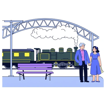 A vintage train station with aged wooden benches and an arched roof constructed from wrought iron. In the foreground, a steam locomotive is releasing white steam, creating a misty atmosphere. A couple stands on the platform, holding hands and looking into each other's eyes, conveying emotion. The man is wearing a classic suit, while the woman is dressed in a flowing dress. Behind them, the train has a dark green and gold color scheme, with old-fashioned carriages lined up, completing the nostalgic scene.