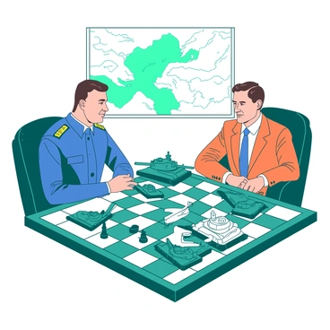 Two leaders are seated at a large, ornate chessboard. The chessboard is designed to resemble a battlefield, with alternating squares in teal and white. Each square features unique terrains like mountains and rivers, adding depth to the scene. The pieces are represented by miniature tanks and planes, each intricately detailed, with the tanks painted in teal and the planes in white. 

One leader, wearing a sharp blue military uniform, is focused intently on the board, his finger poised above a tank piece. The other leader, dressed in a sleek orange suit, leans back in his chair, observing the board with a thoughtful expression. In the background, a large map is displayed on the wall, indicating a strategic overview of their game. The lighting casts dramatic shadows, emphasizing the tension of their strategic encounter.