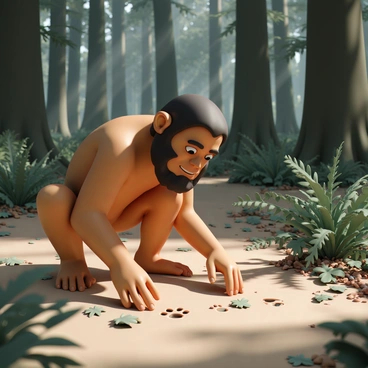 A Neanderthal, with a robust physique and distinct facial features, is kneeling on the ground of a dense forest. The forest floor is covered with a mix of leaves, twigs, and patches of moss. The Neanderthal is intently examining animal tracks imprinted in the soft earth, with one hand reaching down to touch a paw print. Sunlight filters through the canopy above, casting dappled shadows on the ground. Surrounding the Neanderthal are tall trees with thick trunks, and ferns are visible in the underbrush. The expression on the Neanderthal's face is focused and curious as he studies the signs of animal activity.
