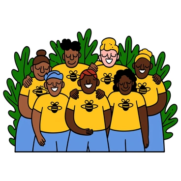 A group of diverse participants standing together, each wearing matching t-shirts featuring a "bee logo" prominently displayed on the front. The group includes individuals with varying skin tones and hairstyles, showcasing their unity and enthusiasm. They are smiling and posing with their arms around each other's shoulders, highlighting a sense of camaraderie. The t-shirts are bright yellow with black accents, emphasizing the cheerful theme of the gathering. The background is filled with greenery, adding a vibrant touch to the scene.