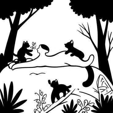 A mother ocelot lying on a large, flat rock surrounded by dense foliage in the forest. She has a relaxed posture, her body stretched out and tail curled comfortably around her. Nearby, two playful cubs are engaging in a game, one cub playfully pouncing on a leaf while the other is climbing over a fallen branch. Sunlight filters through the trees, creating dappled shadows on the ground. Various plants and ferns surround the scene, adding to the natural ambiance.
