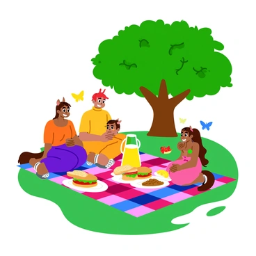 A happy centaur family is having a picnic in the park. The scene features two centaur adults and two centaur children, all smiling and enjoying their time together. They are sitting on a colorful checkered blanket spread out on the grass. A large tree with lush green leaves provides shade over them. An assortment of food items is laid out on the blanket, including sandwiches, fruit, and a large pitcher of lemonade. The sun is shining, and a few butterflies are fluttering nearby, adding to the cheerful atmosphere.
