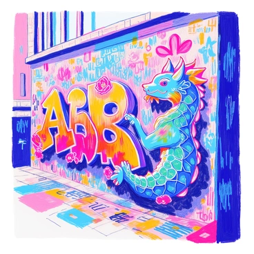 A large urban wall features a detailed graffiti mural. The mural includes vibrant colors and intricate designs that blend text and imagery. On the left side, there is a bold, stylized letter "A" surrounded by swirling patterns. To the right, a large, mythical creature is depicted in bright shades of blue and green with intricate scales. Various smaller images, such as flowers and abstract shapes, are scattered throughout the mural. The background of the wall is textured with layers of paint and tags, adding depth to the overall composition.