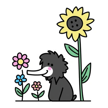 A small niffler with a shiny black coat and a long snout is peeking out from behind a tall sunflower. The sunflower has a large, bright yellow bloom with dark seeds at its center. The vibrant garden features various colorful flowers in the background, including red, blue, and purple blooms, with green leaves surrounding them. The sunlight illuminates the scene, casting soft shadows on the ground.