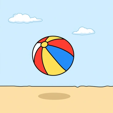 A colorful beach ball with bright yellow, blue, and red panels is being tossed in the air. It is positioned at the peak of its arc, illustrating a smooth parabolic trajectory. The background features soft, blurred outlines of a sandy beach and a clear blue sky. The ball casts a small shadow on the ground, emphasizing its height in the air. A few wispy clouds float gently in the sky above, adding to the playful atmosphere of the scene.