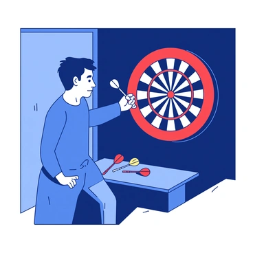 A concentrated player stands with one foot slightly forward, poised to throw a dart. The player is wearing a blue shirt and has a determined expression on their face, focusing intently on the "bullseye" target on the wall in front of them. The dart, held firmly between their fingers, is ready to be released. The surrounding area features a dimly lit dartboard with a vivid red and white pattern, emphasizing the player's aim. A small table nearby holds several darts, each with striking colors, waiting to be used.