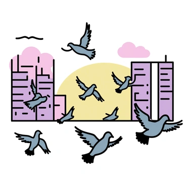 A flock of gray pigeons with iridescent feathers is taking flight, their wings spread wide. They are set against an urban skyline featuring tall buildings with reflective glass windows. The background reveals a sunset, with warm hues of orange, pink, and purple blending in the sky. The silhouettes of the buildings create a stark contrast against the colorful sky, while the pigeons appear dynamic and lively as they rise into the air.