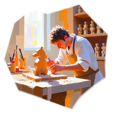 A hobbit craftsman with curly brown hair and pointed ears is skillfully carving a wooden toy in a sunlit workshop. The workshop is filled with various tools and wooden shavings scattered across the workbench. Sunlight streams through a small window, illuminating the intricate details of the toy, which resembles a miniature horse. The hobbit is wearing a simple, earth-toned tunic and looks focused as he carefully shapes the wood with a small knife. Shelves lined with completed toys and wooden figures are visible in the background, adding to the warm and inviting atmosphere of the workshop.