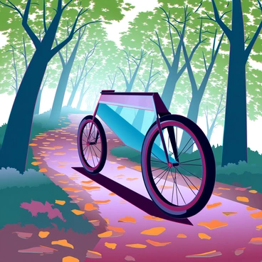 A sleek speed bike with a streamlined frame and aerodynamic design is navigating a narrow woodland trail. The bike is positioned at an angle, showcasing its vibrant colors and modern features. The path is covered with a carpet of fallen leaves in various shades of orange, yellow, and brown. Surrounding the trail, tall trees with dense green foliage create a natural canopy, while rays of sunlight filter through the leaves, casting dappled shadows on the ground. The scene conveys a sense of movement as the bike appears to slice through the colorful foliage.