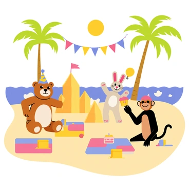 Cartoon characters enjoying a beach birthday party with sand castles