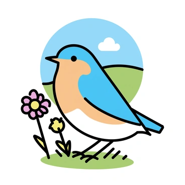 An eastern bluebird surrounded by wildflowers on a sunny hillside