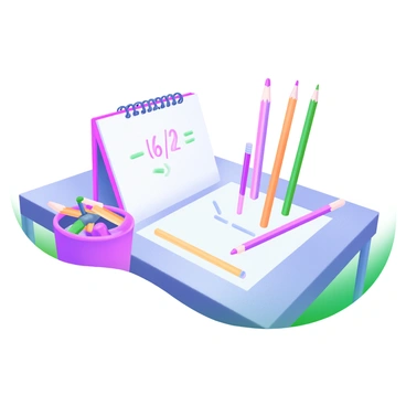 A drawing table featuring "6 pencils" arranged neatly. Out of these, "2 pencils" are sharpened and standing upright, while the remaining 4 are laid flat on the table. The surface of the table has a smooth texture, and there's a small notepad beside the pencils. The notepad has the equation "6/2" written in clear, bold letters on the top page. The overall color palette is soft and pastel, contributing to a calm atmosphere.