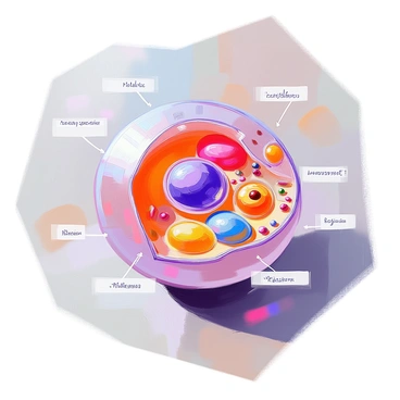 A three-dimensional model of an animal cell is displayed prominently, featuring a detailed structure with various components such as the nucleus, mitochondria, endoplasmic reticulum, and Golgi apparatus. Each organelle is distinctly colored and has a realistic texture, highlighting its function. Floating labels in clear, legible font identify each part, such as "Nucleus," "Mitochondria," "Ribosomes," and "Endoplasmic Reticulum." The background is a simple gradient that enhances the visibility of the cell model and its labeled components.