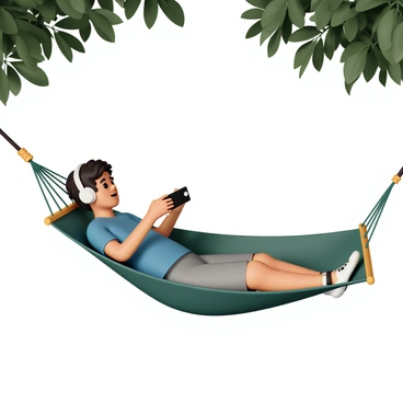 A person, wearing a blue t-shirt and gray shorts, is reclining in a green hammock suspended between two trees. They are holding a black handheld video game console and focused on the screen, with a look of concentration on their face. The hammock is gently swaying, surrounded by lush green foliage and dappled sunlight filtering through the leaves. The person's hair is slightly tousled, and they have a pair of white headphones on, enhancing their gaming experience.