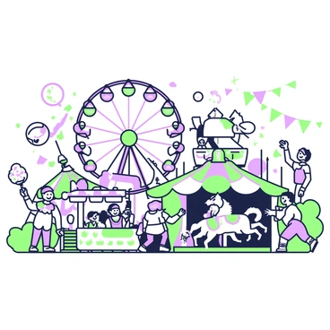 A lively carnival scene is filled with a variety of rides. In the center, there is a large Ferris wheel, with multiple colorful cabins. Nearby, a carousel features intricately designed horses and other whimsical creatures, all in motion. Surrounding the rides, joyful characters are enjoying the festivities; a clown with a balloon animal, children laughing and playing games, and a magician performing tricks. Colorful banners are strung between the rides, adding to the festive atmosphere. Various food stalls are visible, with characters holding treats such as cotton candy and popcorn.