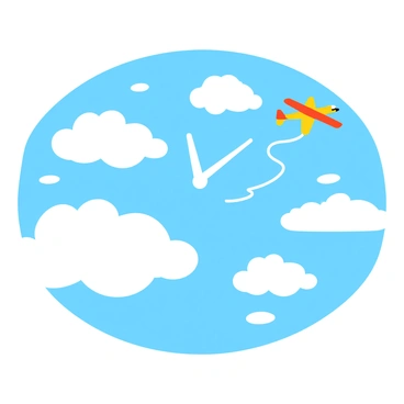 A clock face made out of fluffy white clouds in the blue sky. The clock features distinct hour markers and hands formed by wispy cloud formations. An airplane, small and vibrant, is flying through the scene, leaving a trail of white vapor behind it. The sunlight shines brightly, casting a soft glow on the clouds and illuminating the airplane as it soars past the clock face.