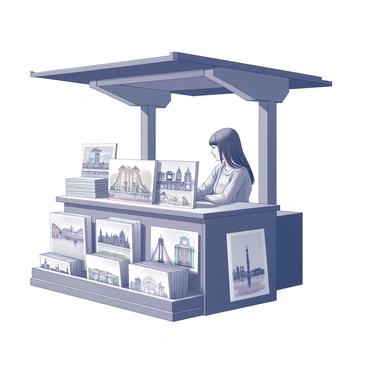 A street vendor's stand is filled with an array of postcards displaying various illustrations of Brighton landmarks. The stand is made of wood with a slanted roof for shade. The postcards are arranged in neat stacks and display images of notable locations such as the Royal Pavilion, Brighton Pier, and the colorful beach huts. A few postcards are propped up at the front, showcasing the intricate details of each illustration. The scene includes a passerby looking through the postcards, with a light breeze causing the edges of the cards to flutter slightly.
