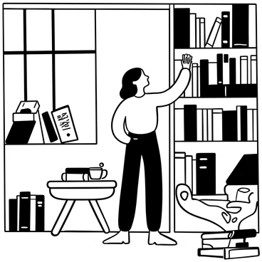 A woman named "Marie" is standing in a charming library filled with tall stacks of books on wooden shelves. She is reaching for a novel that is placed on a high shelf. The library has large windows allowing light to filter in, creating patterns on the wooden floor. There are various books scattered around her feet, and an ornate reading chair is positioned nearby, inviting for a moment of relaxation. A small wooden table is visible, holding a cup and a few open books.