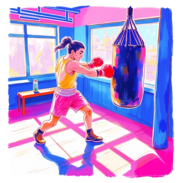 A boxer is seen training in a gym, focusing on upper body strength. He has a muscular build and is wearing a fitted tank top and boxing shorts. His gloves are red, contrasting with his dark hair pulled back into a ponytail. He is throwing a powerful punch at a large, black punching bag that is suspended from the ceiling. The gym has a polished wooden floor and mirrors lining the walls. Sunlight streams in through a nearby window, casting shadows on the floor. A water bottle sits on a bench to the side.