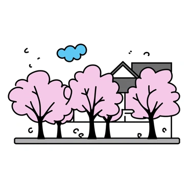 A row of cherry blossom trees in full bloom with pale pink flowers, their branches gently swaying in a light breeze. The trees line a narrow, peaceful Japanese street, paved with gray stones. In the background, traditional wooden houses with dark roofs are visible. A few petals are scattered on the ground, adding to the serene atmosphere. A soft, blue sky is seen overhead, with a few fluffy white clouds.