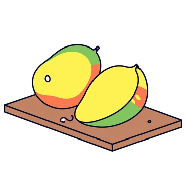 A vibrant mango cut in half, showcasing its bright orange-yellow flesh. The flesh has a smooth texture and glistens with juice. The skin of the mango is a rich green with hints of yellow at the top. The two halves are slightly separated, and some juice drips from the cut edge onto a wooden cutting board.