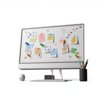 A large virtual screen displaying a collaboration board filled with multiple artists' sketches. Each sketch showcases a different style, with some featuring vibrant colors and intricate details, while others are more minimalist. The screen is framed by a sleek, modern design, and the sketches are pinned to the board using colorful thumbtacks. Several digital tools and brushes are visible in the workspace, suggesting active collaboration among the artists. The overall atmosphere conveys a creative and dynamic environment.