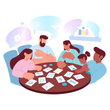 A family is gathered around a wooden table, engaged in a lively loto game. The table is covered with colorful cards featuring various illustrations and vibrant tokens scattered across it. The family members, consisting of a father, a mother, and two children, are leaning forward, showing their enthusiasm for the game. The room is filled with a warm atmosphere, enhanced by soft, gradient pastel colors. Brightly colored decorations adorn the walls, adding to the joyful ambiance of their game night.