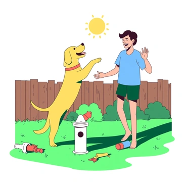 A dog playfully doing a fire hydrant exercise next to its owner in a backyard