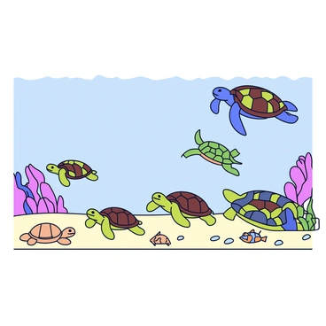An underwater scene depicting the life stages of a sea turtle. In the foreground, there is a small, newly hatched sea turtle with a light brown shell, making its way across the sandy ocean floor. Nearby, a juvenile sea turtle is swimming, showcasing a darker shell with a smooth texture. In the midground, a sub-adult sea turtle glides gracefully, featuring a larger, more rounded shell with vibrant green hues. In the background, an adult sea turtle is swimming majestically, displaying a robust shell with intricate patterns in shades of brown and green. Surrounding the turtles are colorful coral formations and small fish swimming among the seaweed.