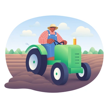 A farmer with medium skin and a wide-brimmed hat is driving a green tractor through a freshly tilled field. The tractor's large wheels are kicking up small clouds of dirt, and the soil is dark and rich. The farmer is wearing a plaid shirt and denim overalls, with gloves on their hands. In the background, there are rows of freshly plowed earth, and the sky above is a clear blue with a few fluffy white clouds scattered. The sun is casting soft shadows on the ground, highlighting the texture of the soil.