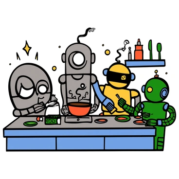 A group of cartoon robots in a futuristic kitchen working together to prepare a feast. The first robot, with a metallic silver body and large round eyes, is chopping vegetables on a shiny countertop. A second robot, with bright blue arms and a digital face, is stirring a pot on the stove with steam rising. Another robot, painted vibrant green, is setting the table with colorful plates and utensils. Kitchen gadgets and appliances in the background sparkle with high-tech designs. The atmosphere is lively with all robots focused on their tasks, showcasing teamwork and creativity.