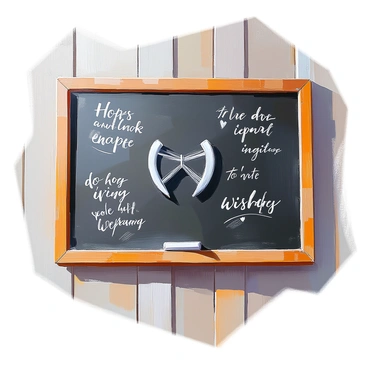 A large chalkboard mounted on a wooden wall displays a prominently sketched "wishbone" in the center. Surrounding the wishbone are several inspiring quotes written in elegant, flowing script. The quotes are creatively arranged, with some phrases emphasizing hope and dreams, while others encourage perseverance and positivity. The chalkboard has a slightly worn texture, with smudges of chalk dust around the edges, adding a rustic charm to the overall composition.