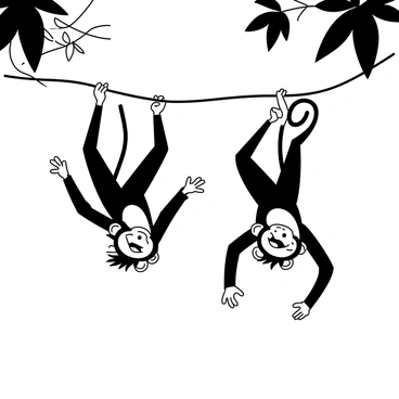 Two cartoon monkeys are suspended playfully from a thick jungle vine. One monkey is hanging upside down, grinning widely, with its legs wrapped around the vine and its arms extended outward. The second monkey is playfully swinging from the vine, with a joyful expression on its face and its arms reaching outward as if to catch the first monkey. They have exaggerated features, such as large eyes and big smiles, showcasing their playful nature. The jungle foliage surrounds them, with various leaves and branches framing the scene.
