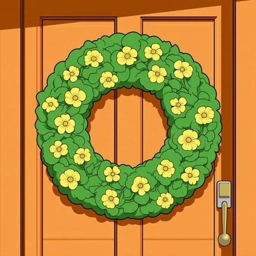 A vibrant seasonal wreath made of intertwined yellow primroses, their petals delicately curled and bright against the greenery. The wreath is circular and lush, with small green leaves peeking out between the flowers. It is prominently displayed on a wooden front door painted in a warm, inviting shade. The door has a rustic texture, featuring a brass doorknob and a small letterbox. The sunlight casts a gentle glow on the wreath, highlighting the brilliant colors of the flowers.