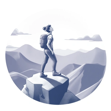 A hiker at the mountain peak, taking a deep breath while admiring the view