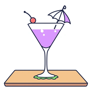 A fancy cocktail is placed on a polished wooden table. The glass is elegantly shaped and filled with a vibrant liquid, reflecting light in a striking way. On top of the drink, there is a bright red cherry resting on the rim. A colorful paper umbrella is inserted into the cocktail, tilted slightly to one side. The scene is complemented by a small, decorative coaster beneath the glass, adding an extra touch of detail to the presentation.