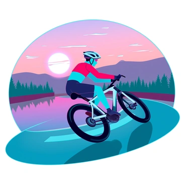 A cyclist with a sleek helmet and a vibrant racing jersey is skillfully drifting on a winding road. The cyclist is positioned on a high-performance bicycle, leaning into the turn with determination. The background showcases a breathtaking sunset, with hues of orange, pink, and purple merging in the sky, casting a warm glow over the scene. Lush greenery lines the road, framing the cyclist as they navigate the curves. The atmosphere captures the thrill of speed and adventure against the stunning backdrop of the setting sun.