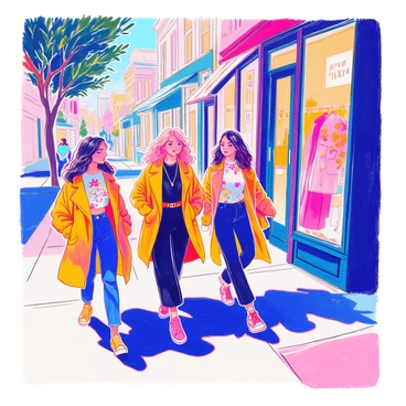 A group of four friends is walking along a vibrant street in a fashion-forward neighborhood. Each friend has a unique style: one is wearing a bright yellow oversized jacket, another has a sleek black dress with bold accessories, the third is in a casual denim outfit paired with colorful sneakers, and the last friend is dressed in a trendy floral print shirt and tailored trousers. The street is lined with boutique shops featuring large windows showcasing the latest fashion trends. There are trees with green leaves casting shadows on the sidewalk, and the friends are animatedly discussing their favorite outfits as they take in the stylish environment around them.