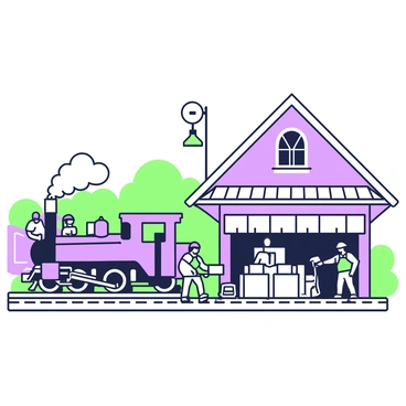 An old-fashioned train station is bustling with activity. In the foreground, a steam engine stands proudly on the tracks, emitting a plume of steam from its chimney. Several workers are efficiently loading cargo onto the adjacent freight car, handling wooden crates and barrels. The station building features a peaked roof with large, arched windows and a platform where a few passengers are waiting. Vintage-style lampposts line the platform, casting soft shadows. In the background, additional trains are visible, with lush greenery framing the scene.