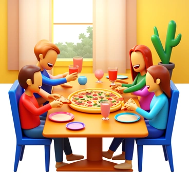 A group of friends gathered around a wooden table at home, sharing a gluten-free pizza. The pizza has a crispy crust topped with vibrant vegetables, melted cheese, and a sprinkle of fresh herbs. The friends, smiling and laughing, are passing around slices. There are colorful plates and glasses filled with drinks on the table. The background features a cozy living room with warm lighting and decorative elements, such as plants and wall art.