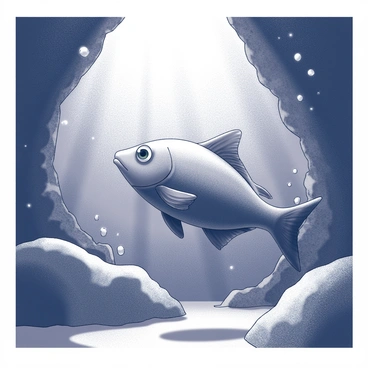 A curious fish swimming in the depths of an underwater cave. The fish has detailed scales and fins that display its sleek form as it maneuvers through the water. Surrounding the fish are the dark, textured walls of the cave, creating an intriguing contrast. Rays of light penetrate the water above, creating sparkling reflections that dance around the scene. The cave features various rocky formations and shadows that add depth, while small bubbles rise from the fish, indicating its movement.