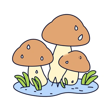 A cluster of mushrooms with smooth, rounded caps in various shades of brown and tan. The mushrooms are surrounded by lush green grass and small ferns. Raindrops are visible on their caps, reflecting light and creating a glistening effect. The ground is damp, with small puddles forming around the base of the mushrooms.