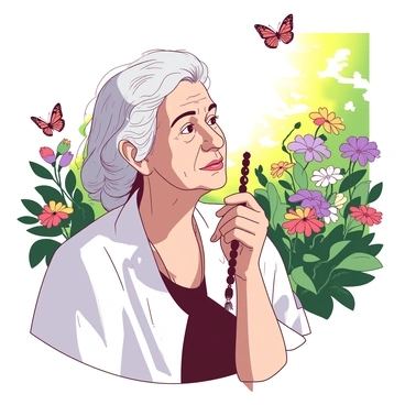 An elderly person with gray hair and gentle wrinkles is holding a wooden rosary between their fingers. They are dressed in a simple, elegant outfit. Surrounding them is a vibrant garden filled with blooming flowers in various colors. The sunlight filters through the leaves, casting a warm glow across the scene. The elderly person gazes thoughtfully, immersed in contemplation, as butterflies flutter around the blossoms. The overall atmosphere is tranquil and reflective.